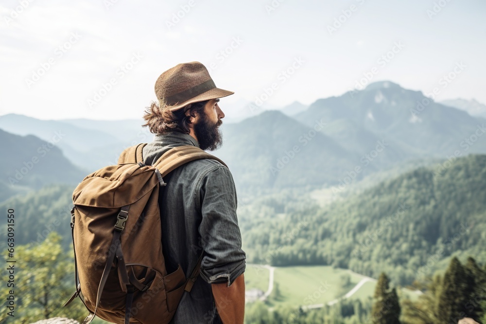 Hipster traveler with backpack sitting on top of a mountain and looking at the valley.