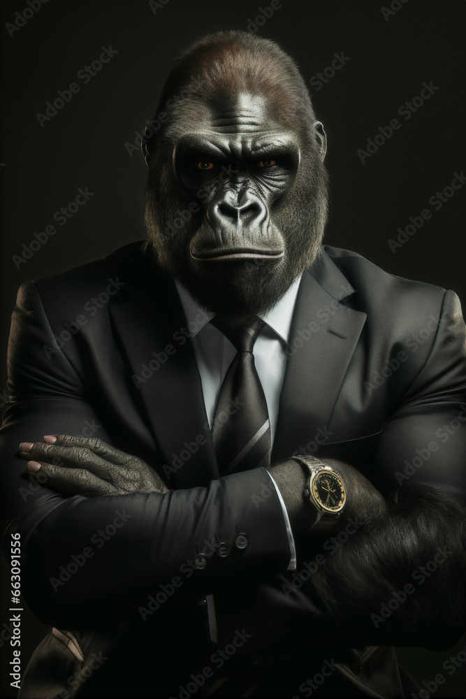 Portrait of a Successful Business Gorilla Businessman with Suit and Tie building Wealth Money Fortune Portrait of a Successful Business Gorilla Businessman with Suit and Tie building Wealth Money Fortune