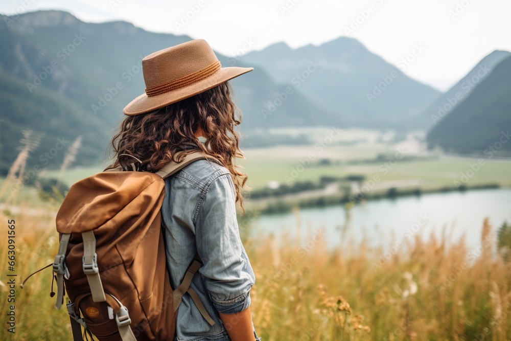Hipster traveler with backpack sitting on top of a mountain and looking at the valley. Hipster traveler with backpack sitting on top of a mountain and looking at the valley.