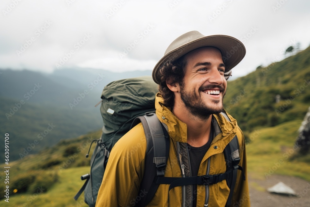 Hipster traveler with backpack sitting on top of a mountain and looking at the valley.