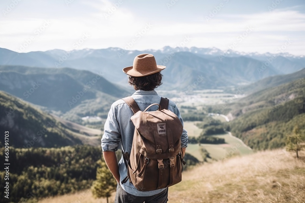 Hipster traveler with backpack sitting on top of a mountain and looking at the valley.