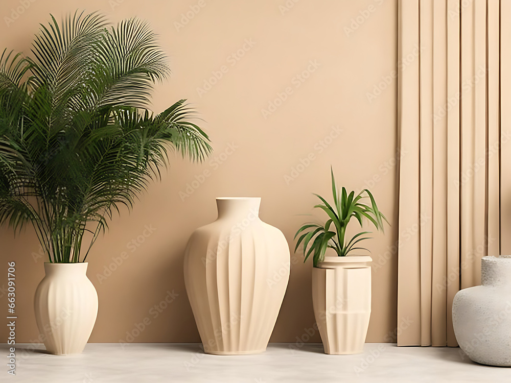 Empty room interior background, beige stucco wall, vases and palm leaf, 3d rendering