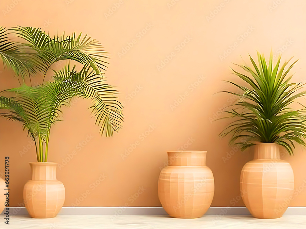 Fototapeta premium Empty room interior background, beige stucco wall, vases and palm leaf, 3d rendering