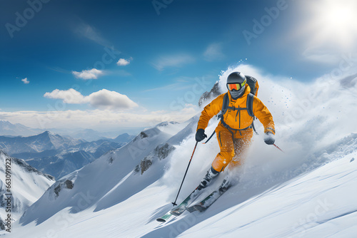 Adventurous young man carving the snowy slopes on a sun-kissed winter day at the resort