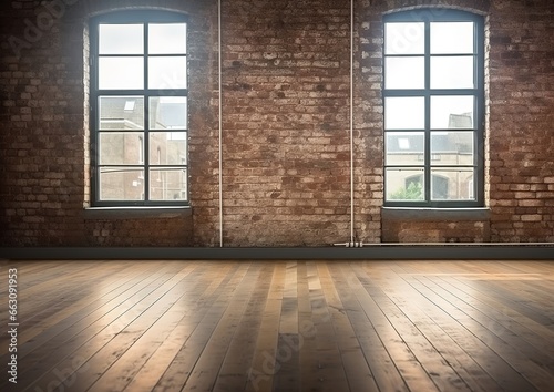 3D rendering of an empty room with a big window in loft style. Wooden floor and brick wall in a modern interior. Bright and spacious space with a lot of natural light. Perfect for copy space.
