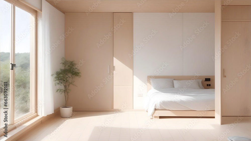 Fototapeta premium Interior design,MUJI style interior design,Wooden room,Minimalist wooden interior,Japanese,Scandinavian wood,Natural light,MUJI-inspired,Simplicity,Neutral color palette,AI Generate