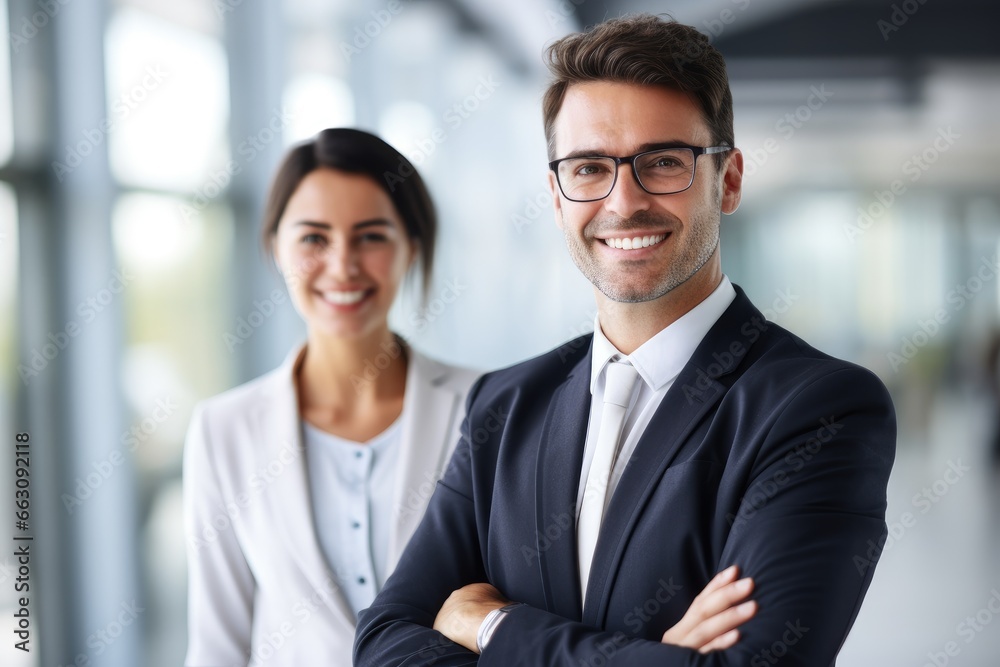 Smiling businessman and businesswoman in office Smiling businessman and businesswoman in office
