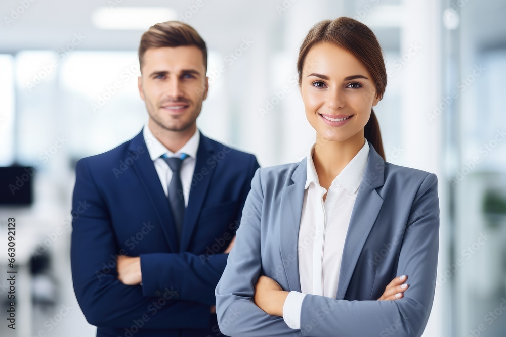 Smiling businessman and businesswoman in office Smiling businessman and businesswoman in office