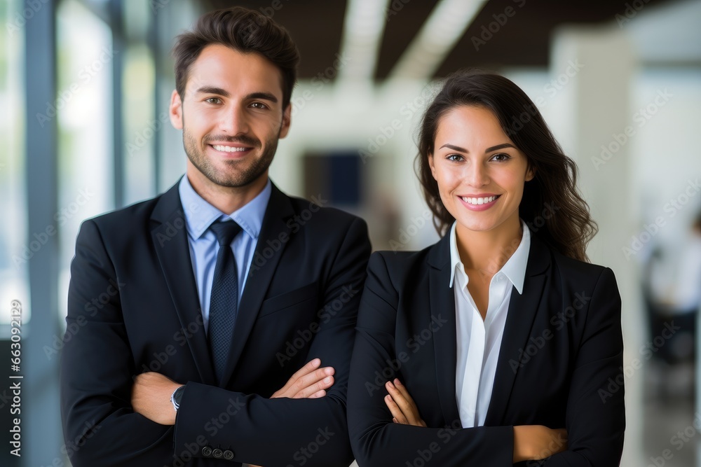 Smiling businessman and businesswoman in office Smiling businessman and businesswoman in office