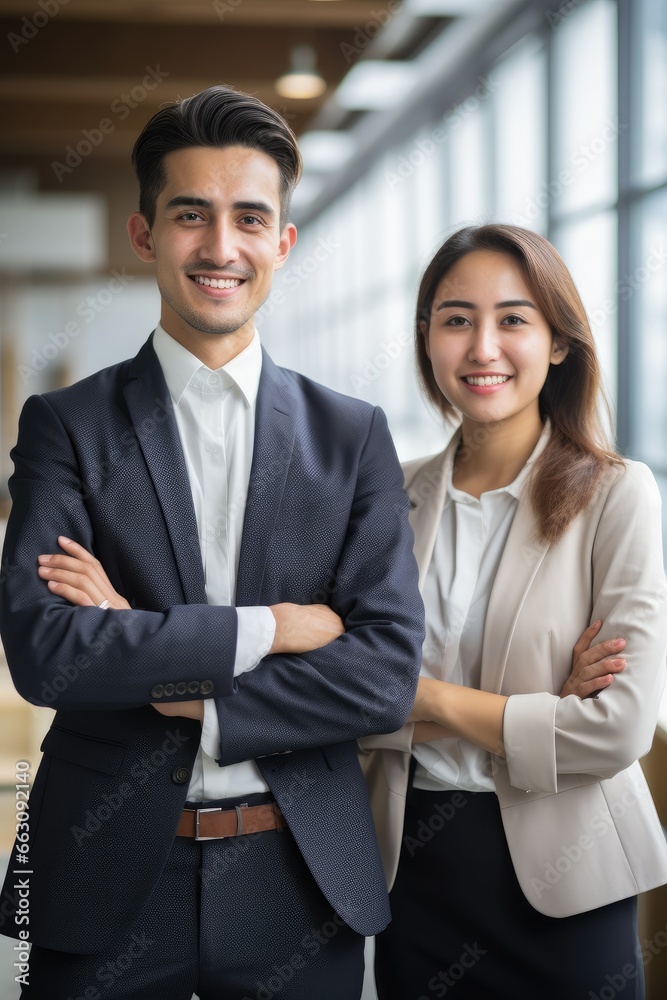 Smiling businessman and businesswoman in office Smiling businessman and businesswoman in office