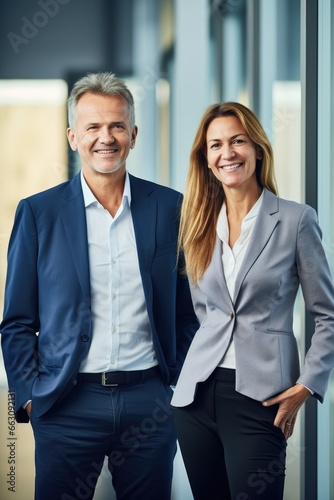 Smiling businessman and businesswoman in office