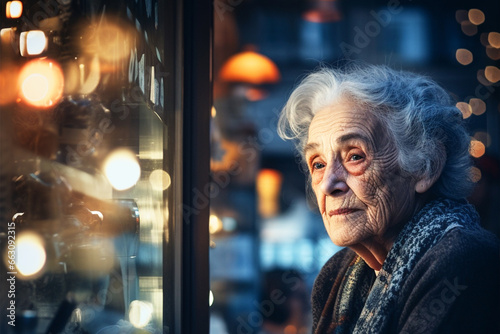 Lonely pensive old and elderly woman near a glass shop window in the evening © Tetiana Kasatkina