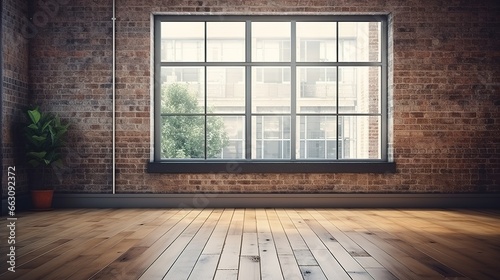 3D rendering of an empty room with a big window in loft style. Wooden floor and brick wall in a modern interior. Bright and spacious space with a lot of natural light. Perfect for copy space.