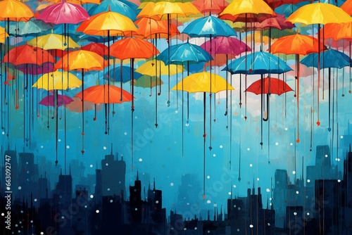 Umbrellas soaring in the air with vibrant colors. Generative AI