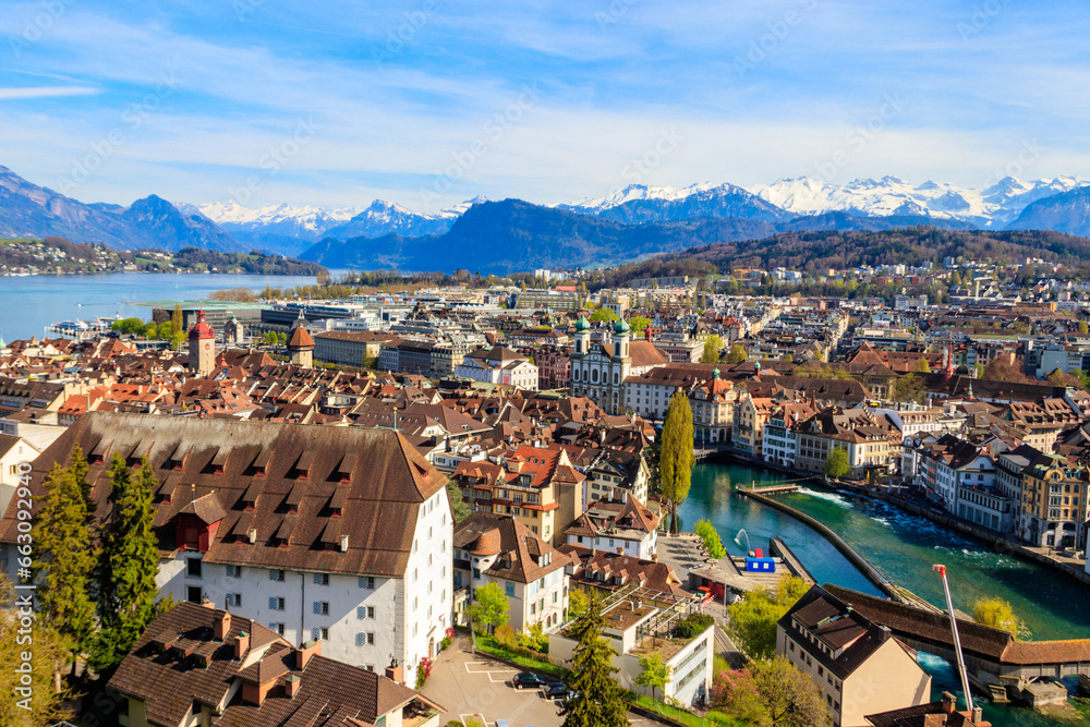 View of the Reuss river and old town of Lucerne (Luzern) city, Switzerland. View from above