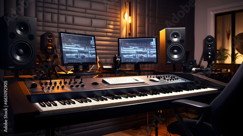 Recording Studio with a synthesizer and a remote control
 photo