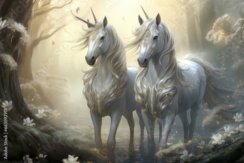 Majestic unicorns with shimmering silver horns - Generative AI © Sidewaypics