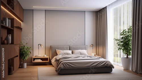 Luxurious bedroom with cozy furniture, showcasing wealth and comfort. Interior bedroom with modern furniture and cosy feeling decoration. Generative AI © pitipat