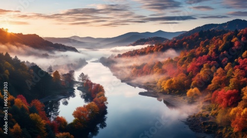 autumn river in the fog