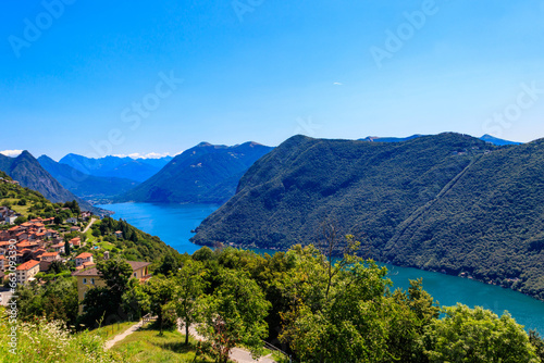 Scenic view of lake Lugano from Monte Bre mountain in Ticino canton, Switzerland photo