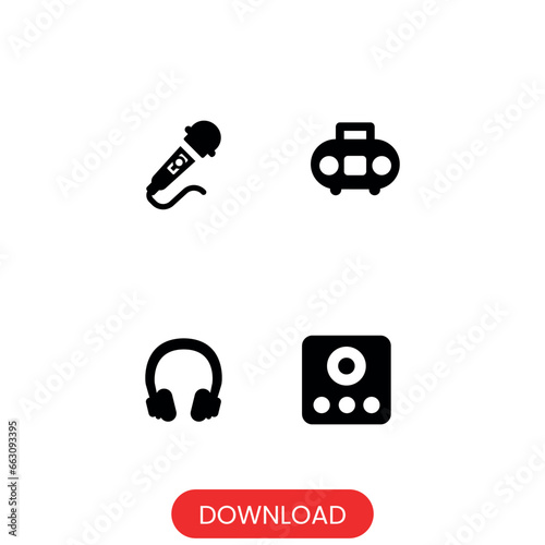 audio mix icon of microphone, radio, headset, and speaker. isolated white background