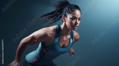 A sporty look featuring a model in activewear, showcasing strength and movement against a subdued blue-gray backdrop, copy space. generative AI