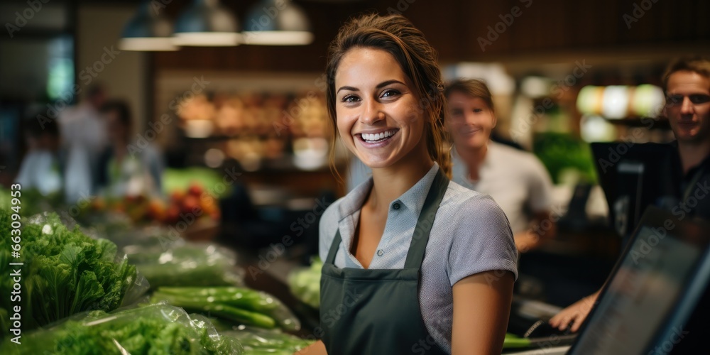 young and attractive saleswoman, cashier serving customers, generative AI