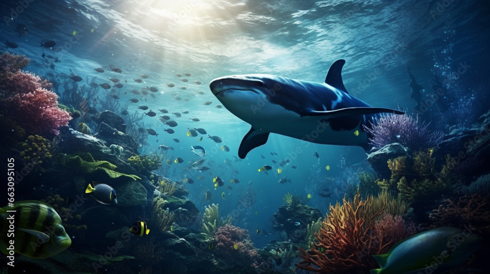 魚、クジラ、イルカなどの海洋生物の写真