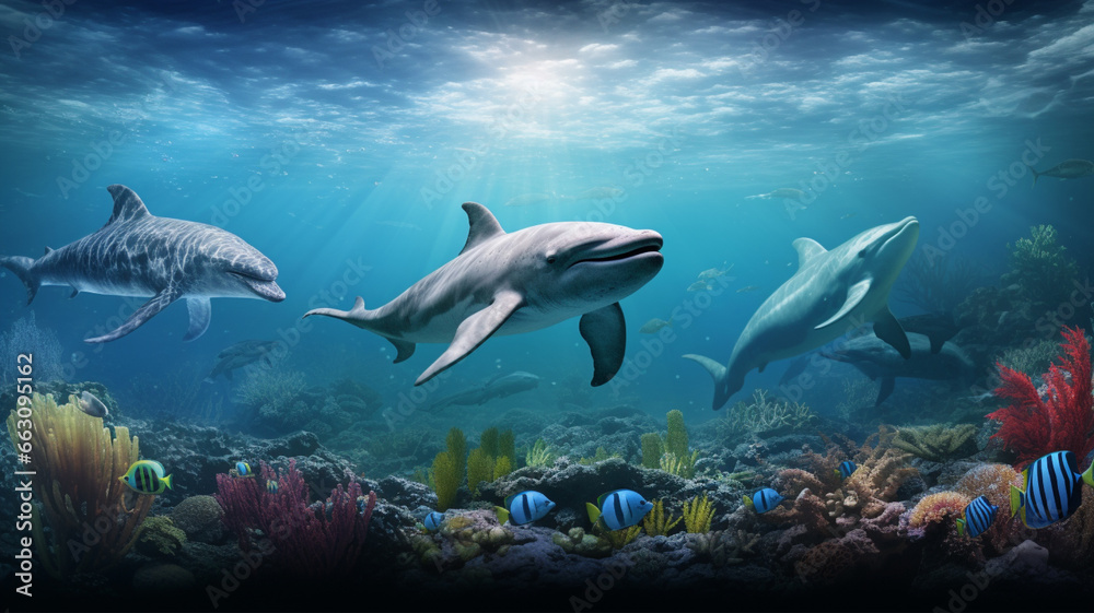 Fototapeta premium 魚、クジラ、イルカなどの海洋生物の写真