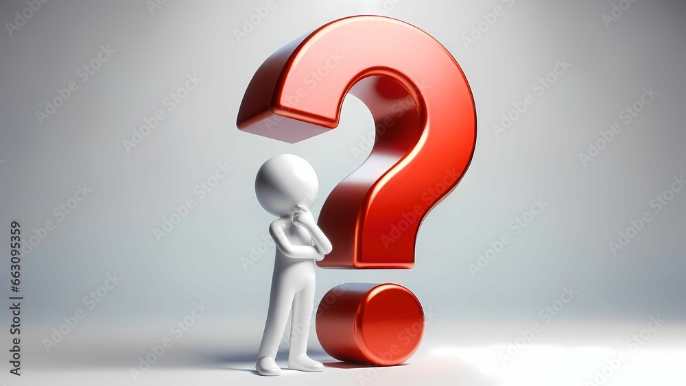 A figure pondering beneath an oversized red question mark, thinking something A figure pondering beneath an oversized red question mark, thinking something
