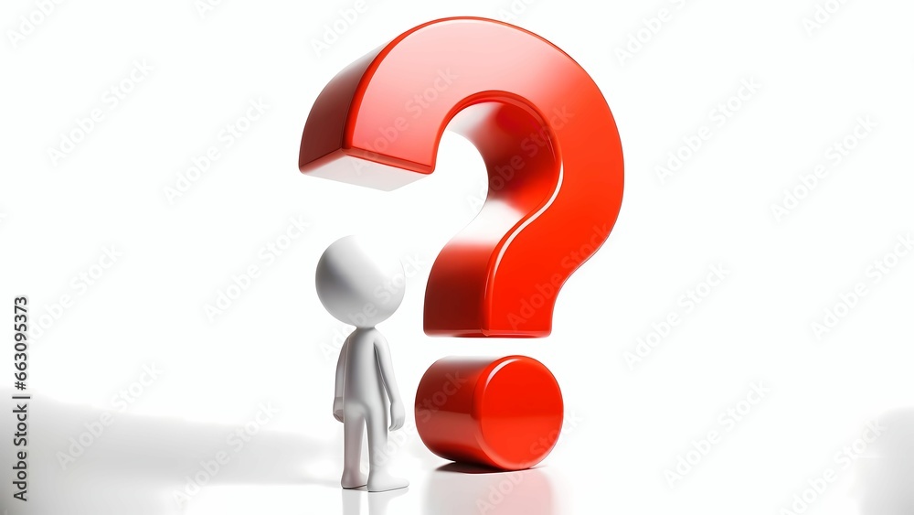 A figure pondering beneath an oversized red question mark, looking back A figure pondering beneath an oversized red question mark, looking back