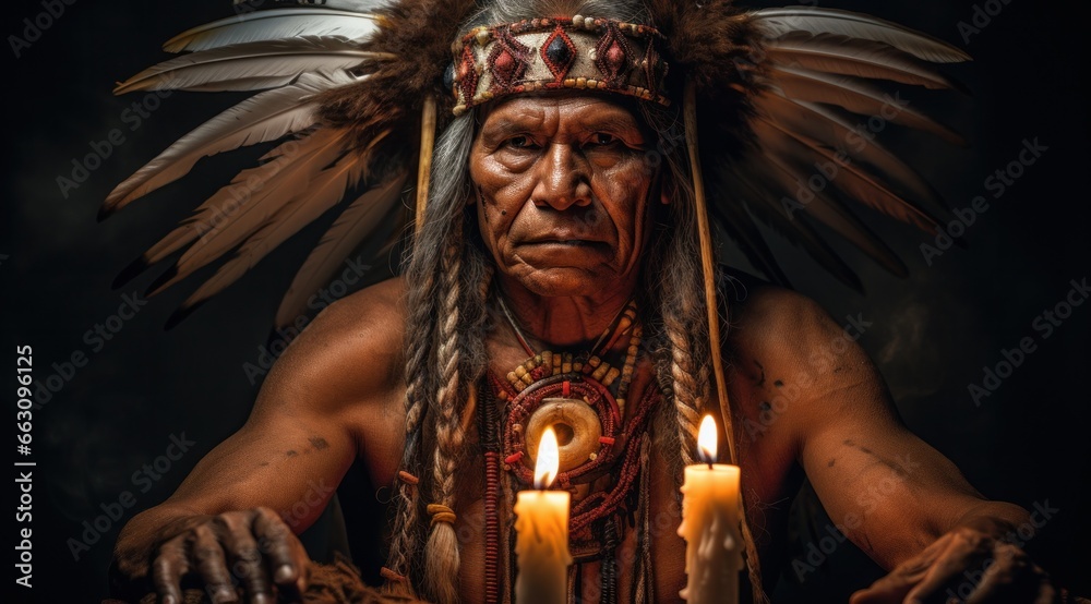 A flickering candle illuminates the fierce determination in the headdress-clad man's eyes as he stands proudly, a symbol of strength and resilience