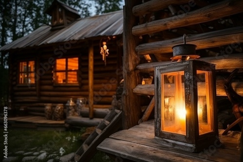 Rustic luminary in cozy lodge surrounded by nature. Generative AI