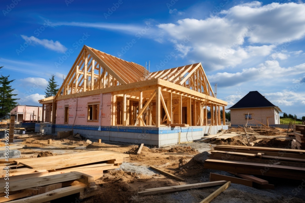 Construction of a new house with wooden roof trusses and beams, Construction of a new house. Construction of a new house with a wooden frame, AI Generated - obrazy, fototapety, plakaty 