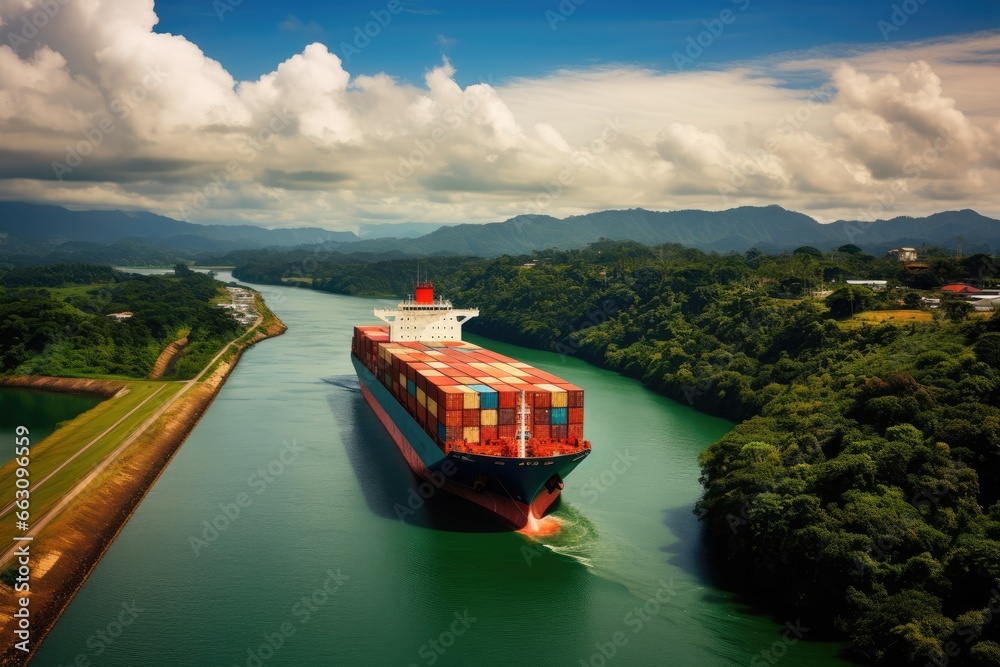 Aerial view of container cargo ship in the river with mountain background, container ship passing through the Panama Canal, AI Generated - obrazy, fototapety, plakaty 