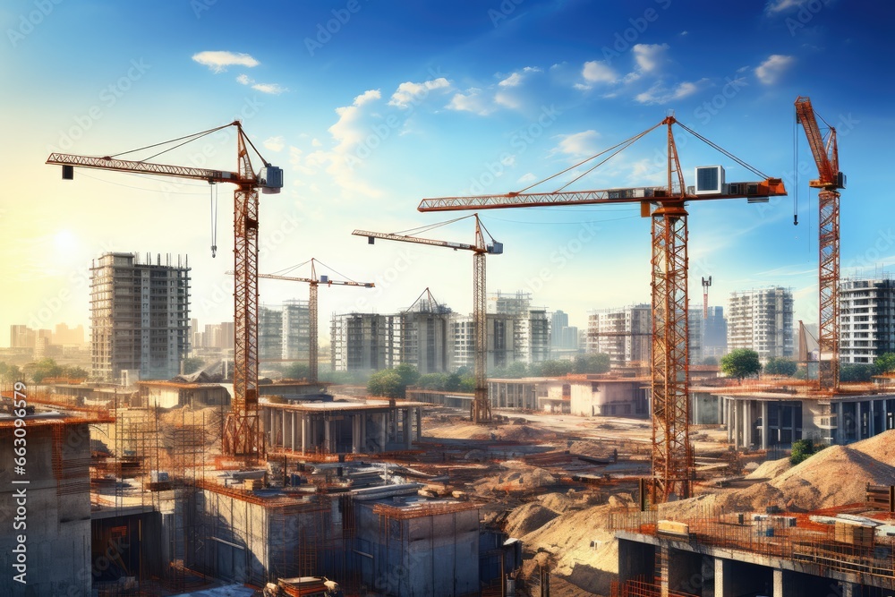Construction site with cranes and building under construction. 3d rendering, Construction site with cranes and building against blue sky, AI Generated