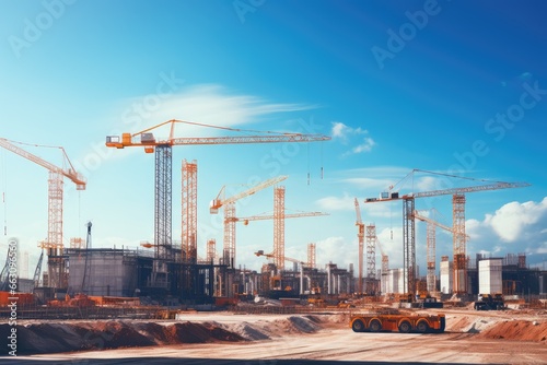Construction site with cranes on blue sky background. 3D rendering, Construction site with cranes and building against blue sky, AI Generated