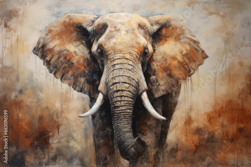 African elephant in digital painting. Digital painting of an African elephant, Contemporary Painting of a Textured Elephant in Oil on Canvas, AI Generated