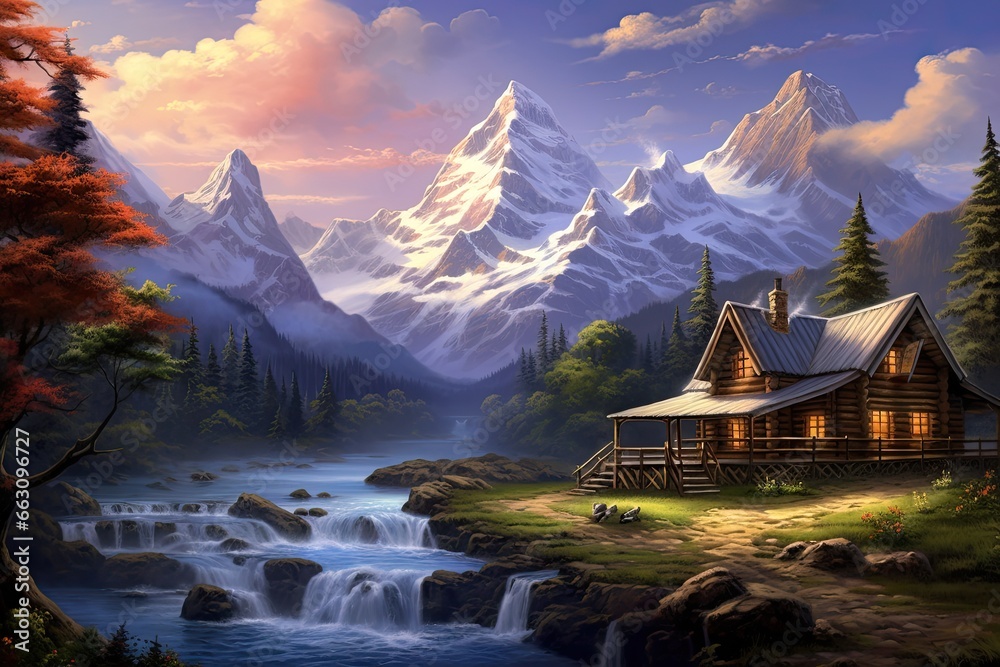 Beautiful mountain landscape with a wooden house and a waterfall. Digital painting, Create a beautiful mountain scene with a log home on the side of a rugged mountain that has snow, AI Generated