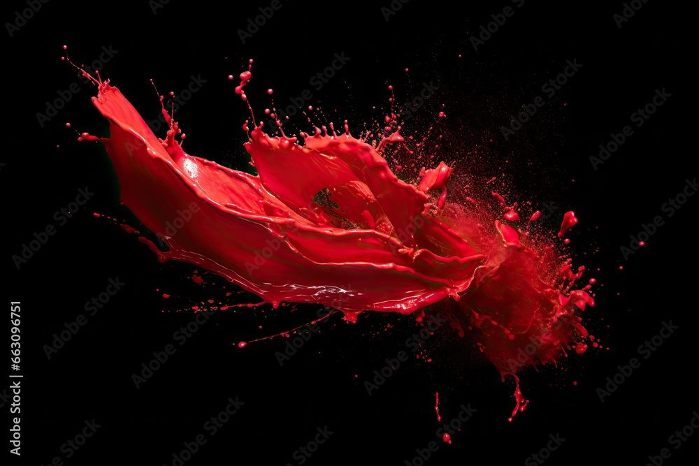 Red paint splashes isolated on black background. Red paint splashes on black background, Creative commercial photo of lipstick red in a scattering of pigment in motion, isolated, AI Generated - obrazy, fototapety, plakaty 