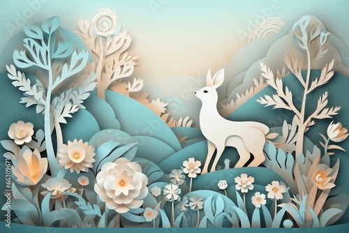 Artistic Easter scene with bunny, eggs, and flowers in paper cut style. Generative AI