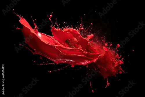 Red paint splashes isolated on black background. Red paint splashes on black background, Creative commercial photo of lipstick red in a scattering of pigment in motion, isolated, AI Generated