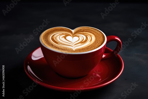 Cup of coffee with heart shape latte art on black background  Cup of cappuccino with heart shape on foam  AI Generated