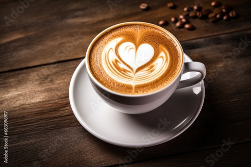 Coffee cup with latte art on wooden table background, Cup of cappuccino with heart shape on foam, AI Generated