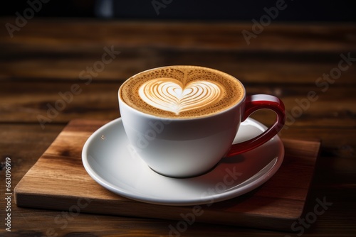 Cup of coffee with heart shape latte art on wooden table, Cup of cappuccino with heart shape on foam, AI Generated
