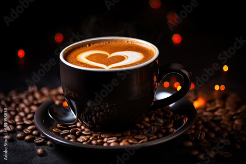 Coffee cup with heart shape on coffee beans background. Valentine s day concept  Cup of coffee with heart shape on Black background  closeup  AI Generated