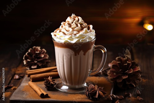 Hot chocolate with whipped cream and nuts on a wooden background. Selective focus, Cup of hot chocolate with whipped cream and spices on wooden table, AI Generated