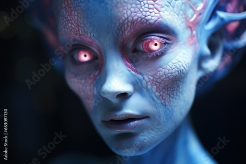 A haunting portrait of a woman with otherworldly blue skin and piercing red eyes  drawing you in with an unsettling sense of horror and mystery