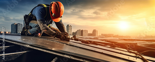 Construction worker install new roofing. generative ai