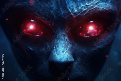 A hauntingly beautiful portrait of a tormented soul, with piercing red eyes shining in the darkness, evoking feelings of fear and fascination photo